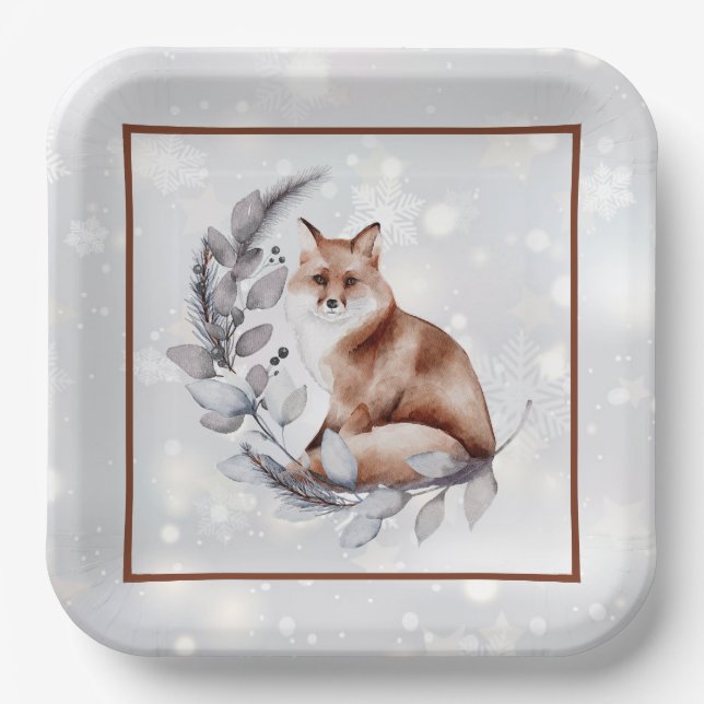 Watercolor fox and snow  holiday   paper plate (Front)