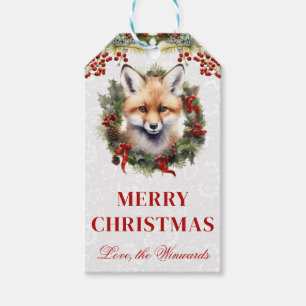 Watercolor Fox and Winter Wreath Christmas Gift Tags