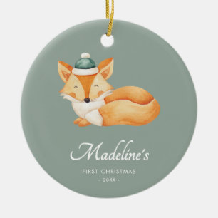 Watercolor Fox Baby First Christmas Green Ceramic Tree Decoration