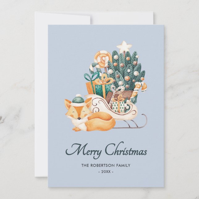 Watercolor Fox Christmas Sleighs Blue Non-Photo Holiday Card (Front)
