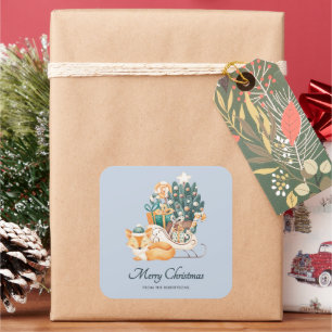 Watercolor Fox Christmas Sleighs Holiday Blue Square Sticker