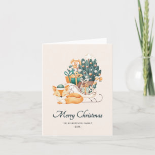 Watercolor Fox Christmas Sleighs Non-Photo Folded Holiday Card