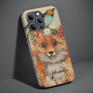 Watercolor Fox Floral Collage Personalised Name iPhone 15 Pro Case