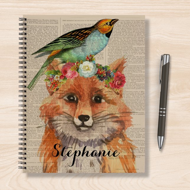 Watercolor Fox Floral Collage Personalised Name  Notebook (Creator Uploaded)