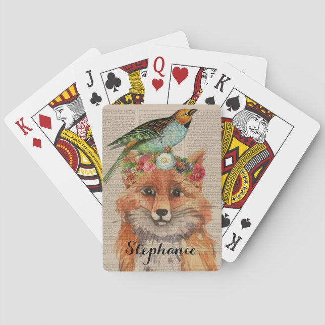 Watercolor Fox Floral Collage Personalised Name Playing Cards (Back)