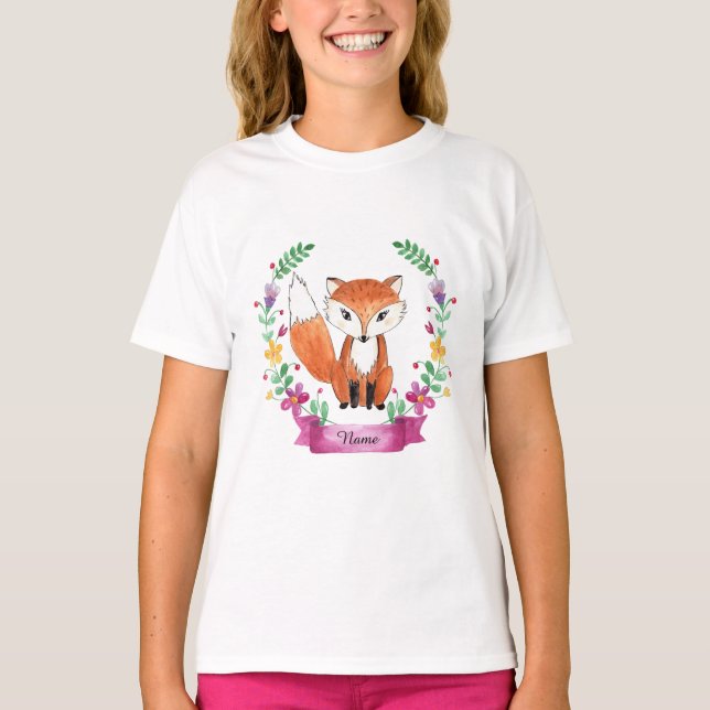 Watercolor Fox Floral Girl T-Shirt (Front)