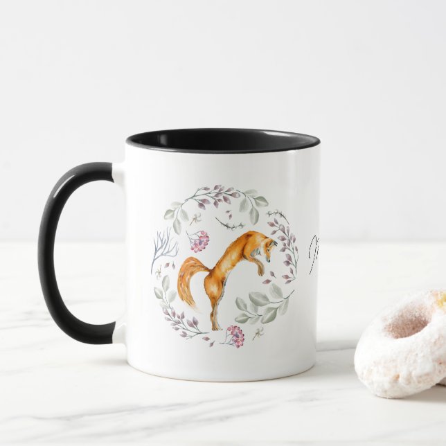 Watercolor Fox Floral Personalised Name Mug (With Donut)