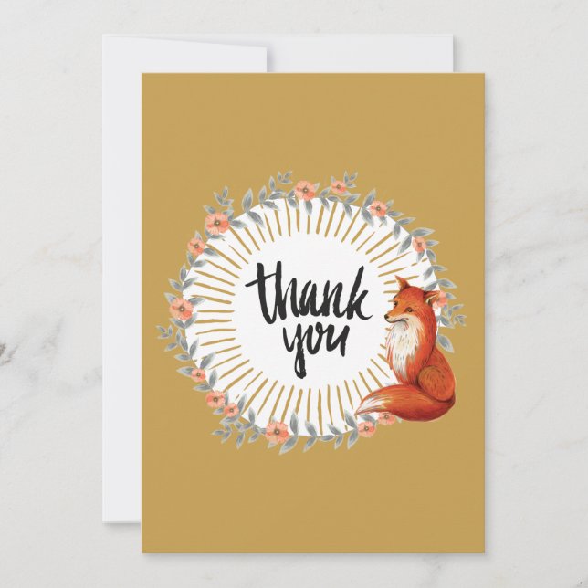 Watercolor Fox Floral Wreath Thank You Card (Front)