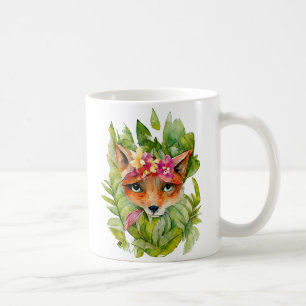 Watercolor Fox Flowers and Green Leaves Coffee Mug