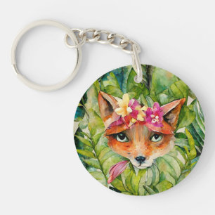 Watercolor Fox Flowers and Green Leaves Key Ring