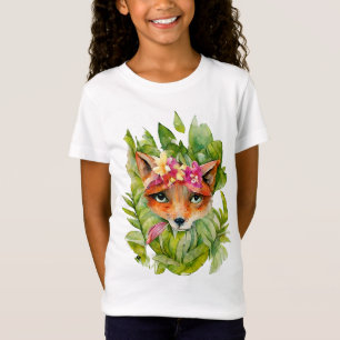 Watercolor Fox Flowers and Green Leaves T-Shirt