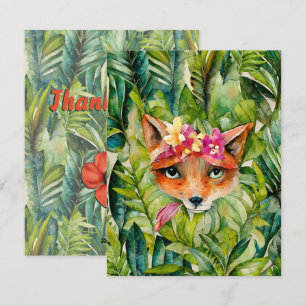 Watercolor Fox Flowers and Green Leaves Thank You Holiday Card