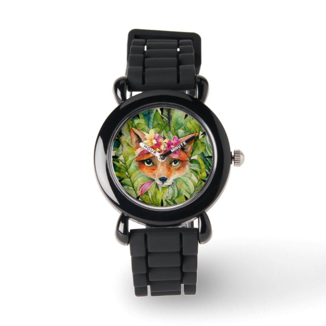 Watercolor Fox Flowers and Green Leaves Watch (Front)