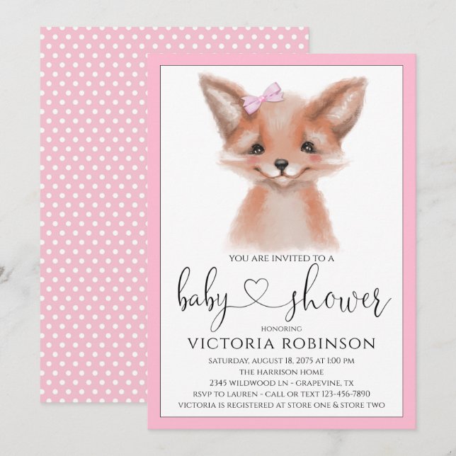 Watercolor Fox Girl Woodland Baby Shower Invitation (Front/Back)