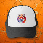 Watercolor Fox Illustration Trucker Hat<br><div class="desc">Fox watercolor illustration trucker hat with an abstract paint splatter in red,  purple,  orange and blue.</div>