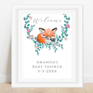 Watercolor fox in bloom welcome baby shower poster