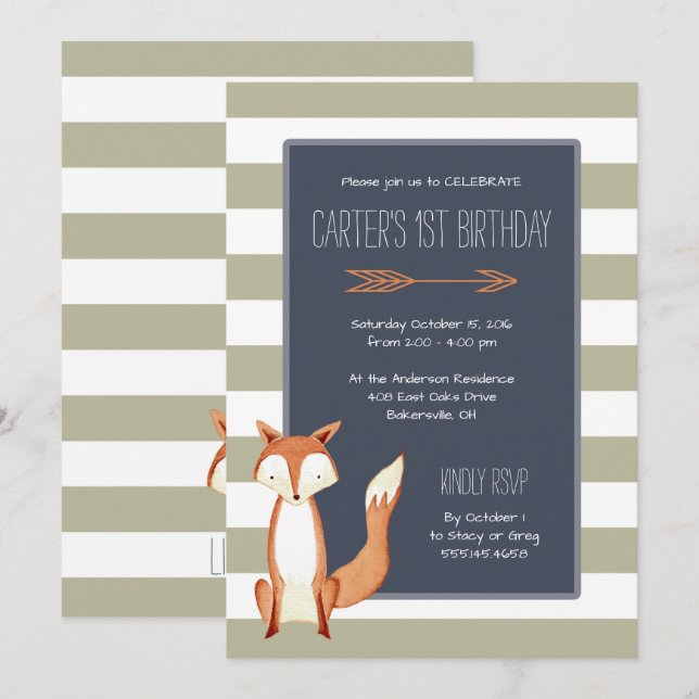 Watercolor Fox Navy Orange Stripes Birthday Invitation (Front/Back)