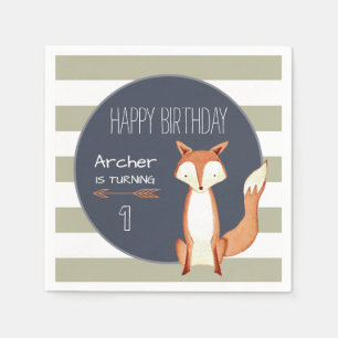 Watercolor Fox Navy Orange Woodland Birthday Napkin