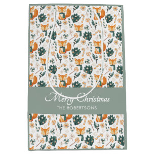 Watercolor Fox Pattern Merry Christmas Monogram Medium Gift Bag