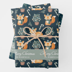Watercolor Fox Pattern Merry Christmas Monogram Wrapping Paper Sheet