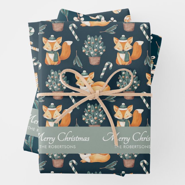 Watercolor Fox Pattern Merry Christmas Monogram Wrapping Paper Sheet (In situ)