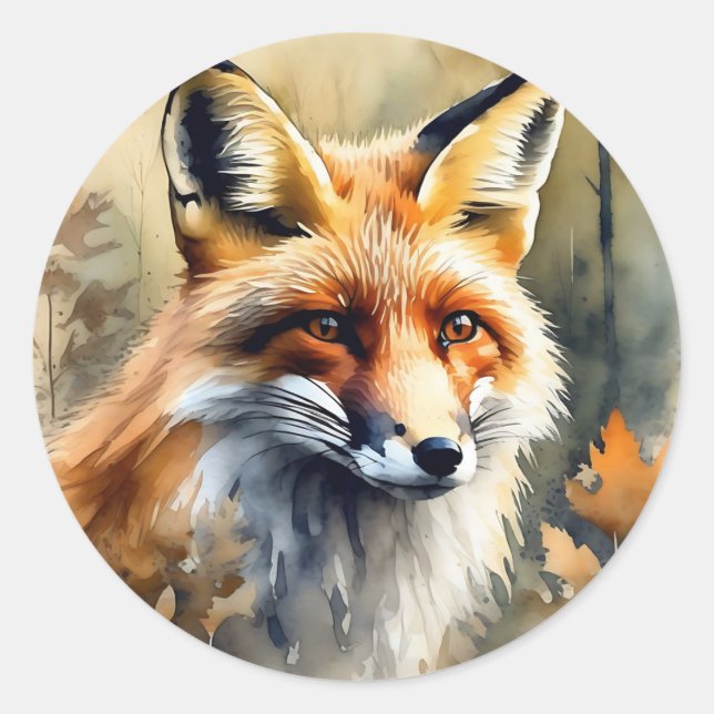 Watercolor Fox Portrait Classic Round Sticker (Front)