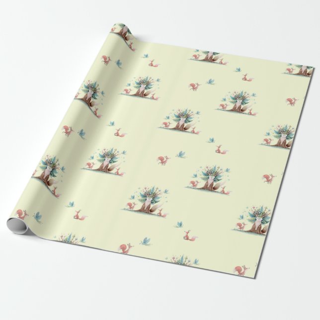 Watercolor fox tree wrapping paper (Unrolled)
