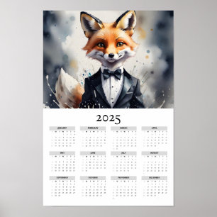 Watercolor Fox Tuxedo Bow Tie 2025 Wall Calendar Poster