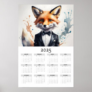 Watercolor Fox Wearing a Tuxedo 2025 Wall Calendar Poster