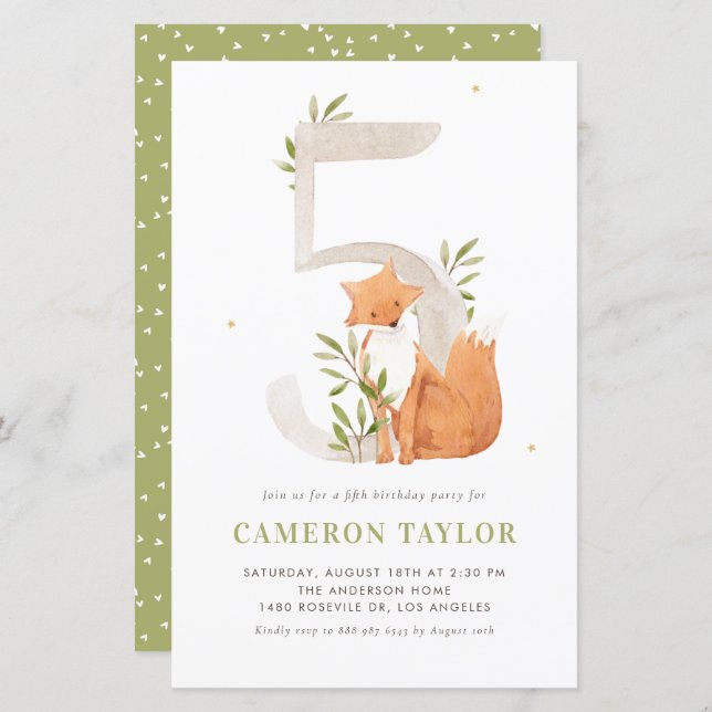 Watercolor Fox Woodland Fifth Birthday Invitation (Front/Back)