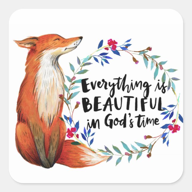 Watercolor Fox Wreath Gods Time Square Sticker (Front)