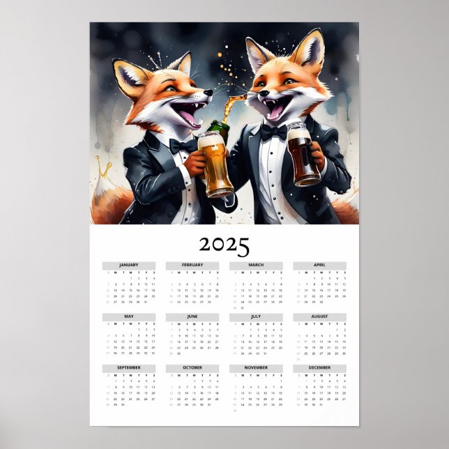 Watercolor Foxes Cheers Tuxedo 2025 Wall Calendar Poster (Front)