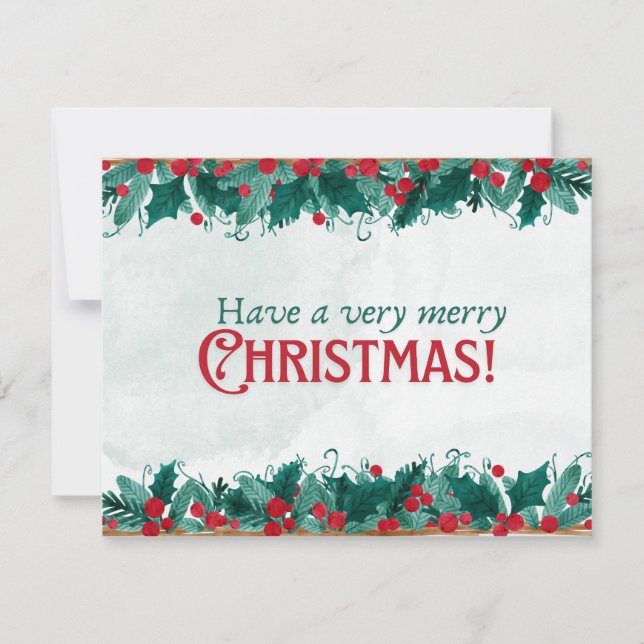 Watercolor frame of berries and greenery Christmas Holiday Card (Front)