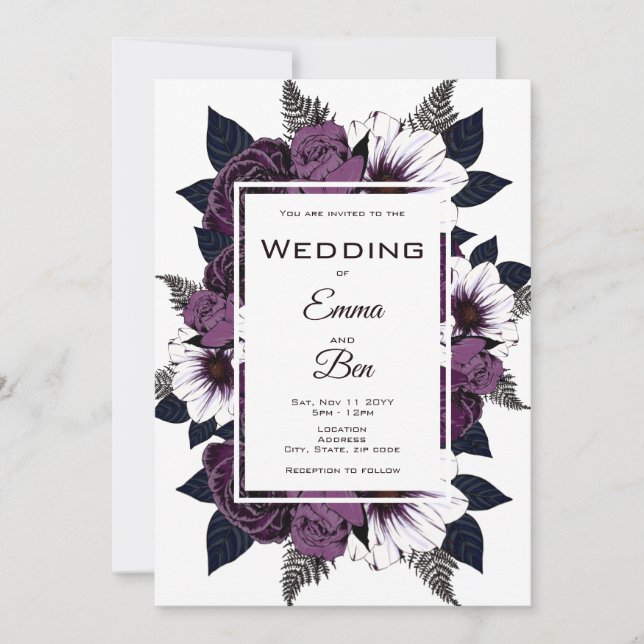 Watercolor Framed Dark Purple Floral Wedding Invit Invitation (Front)