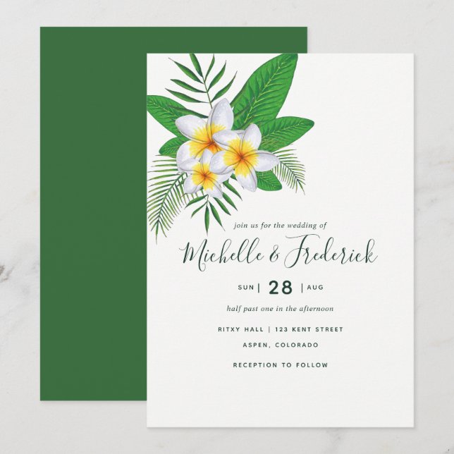 Watercolor Frangipani Beach Wedding Invitation (Front/Back)