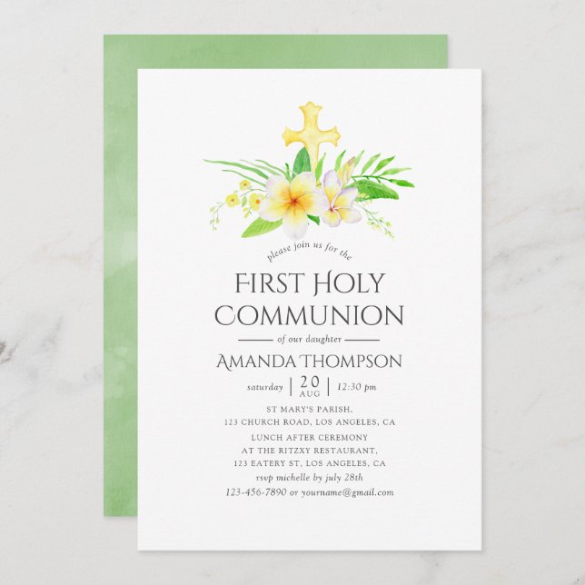 Watercolor Frangipani First Holy Communion Invitation (Front/Back)
