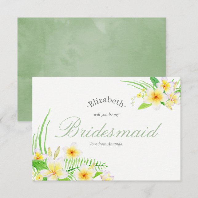Watercolor Frangipani Wedding Be My Bridesmaid Invitation (Front/Back)