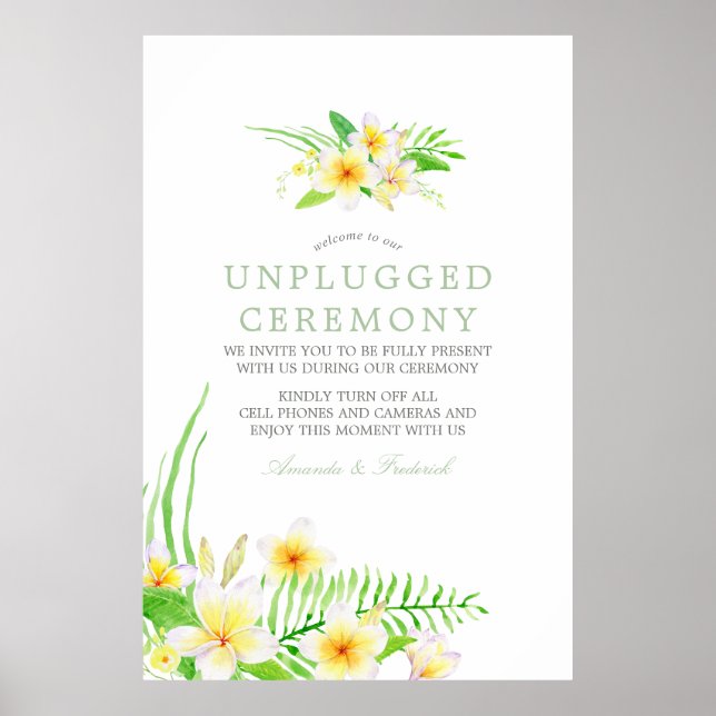 Watercolor Frangipani Wedding Unplugged Ceremony Poster (Front)