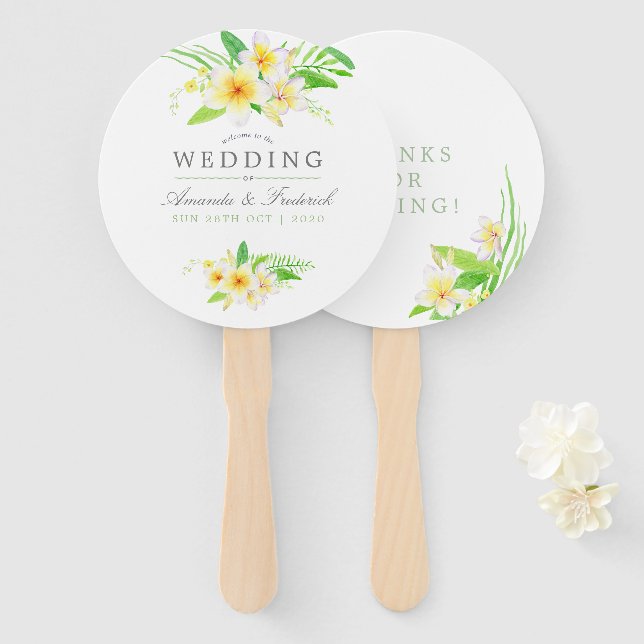Watercolor Frangipani Wedding Wedding Favour Hand Fan (Front and Back)