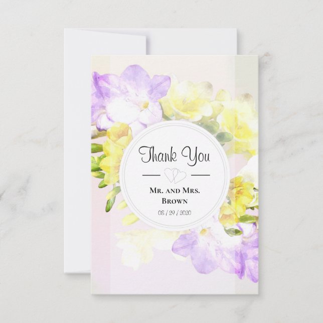 Watercolor Freesia Flowers Wedding Thank You Card (Front)