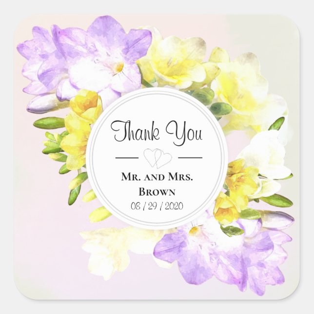 Watercolor Freesia Flowers Wedding Thank You Square Sticker (Front)
