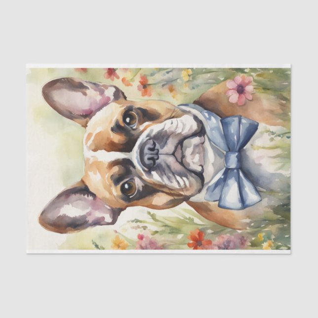 Watercolor French Bulldog in Flowers Decoupage  Tissue Paper (Front)