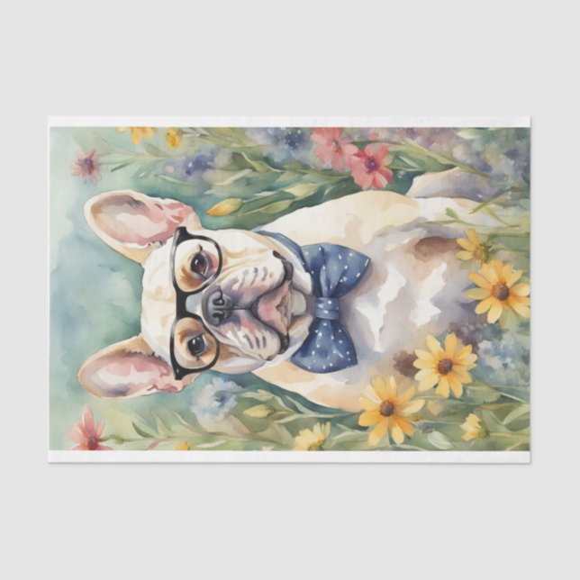 Watercolor French Bulldog in Flowers Decoupage  Tissue Paper (Front)