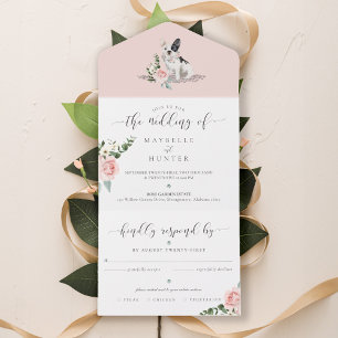Watercolor French Bulldog Pet & Floral Pink Rose All In One Invitation