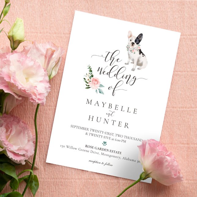 Watercolor French Bulldog Pet & Floral Pink Rose Invitation (Creator Uploaded)