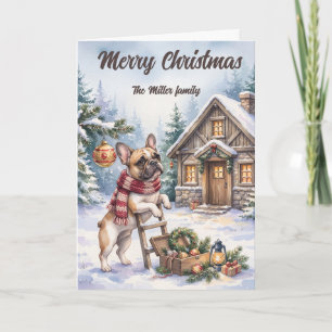Watercolor French Bulldog Woodland Christmas Card