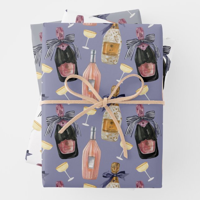 Watercolor French Champagne Wrapping Paper Sheet (In situ)