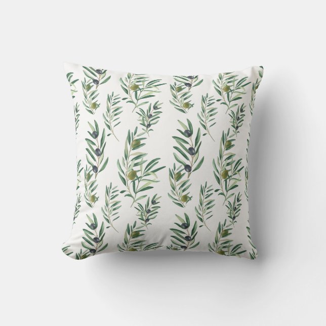 Watercolor French Country Chic Green Olive Pattern Cushion (Front)