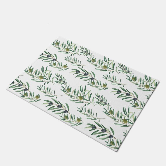 Watercolor French Country Chic Green Olive Pattern Doormat (Angled)