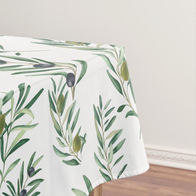 Watercolor French Country Chic Green Olive Pattern Tablecloth (In Situ)